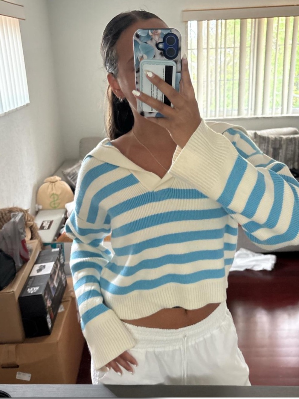Sincerly Jules Cream and Light Blue Striped V-Neck Sweater